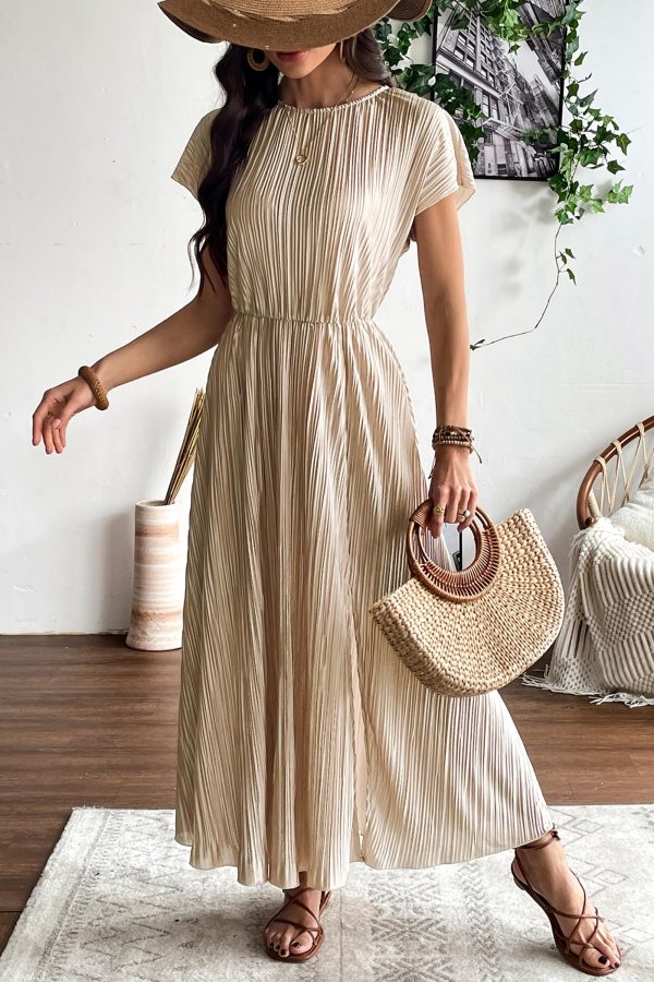81yRxGVKNL.jpg Womens Summer Maxi Dresses: Casual Short Sleeve Crewneck Slit Sundress Ruffle Pleated Long Flowy Party Cocktail Dress