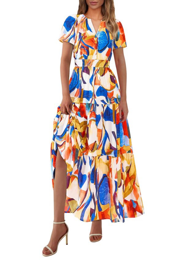 81zIC6Mr9L.jpg Women's 2025 Summer Boho Maxi Dresses Floral Short Sleeve V Neck A Line Tiered Flowy Long Beach Vacation Dress