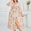 81zyNtf0sfL.jpg Women's V Neck Floral Dress Bell Half Sleeve Smocked Waist Side Split Flowy A Line Maxi Wedding Guest Dresses