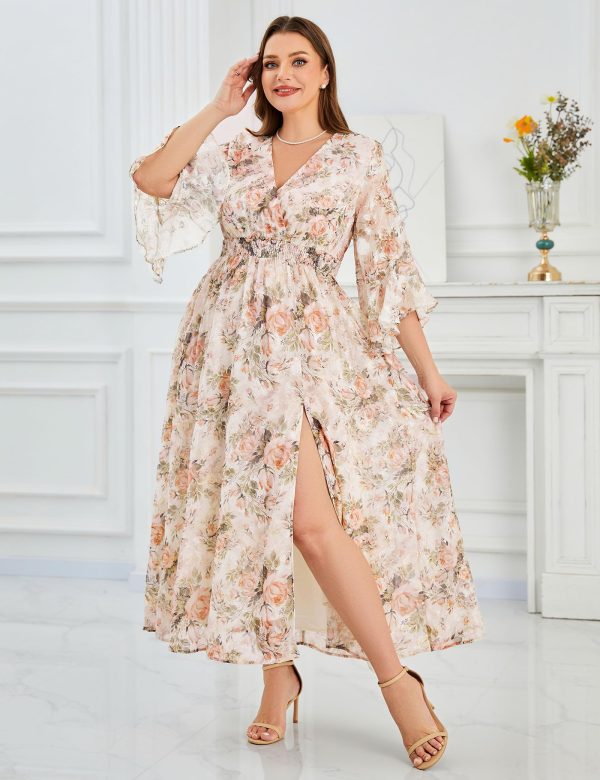 81zyNtf0sfL.jpg Women's V Neck Floral Dress Bell Half Sleeve Smocked Waist Side Split Flowy A Line Maxi Wedding Guest Dresses