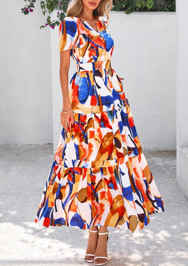 917C0qzcB3L.jpg Women's 2025 Summer Boho Maxi Dresses Floral Short Sleeve V Neck A Line Tiered Flowy Long Beach Vacation Dress