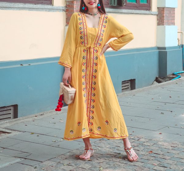 Summer Scoop Neckline Long Sleeves Bow Blet Vacation Travel Hooded Maxi Dress