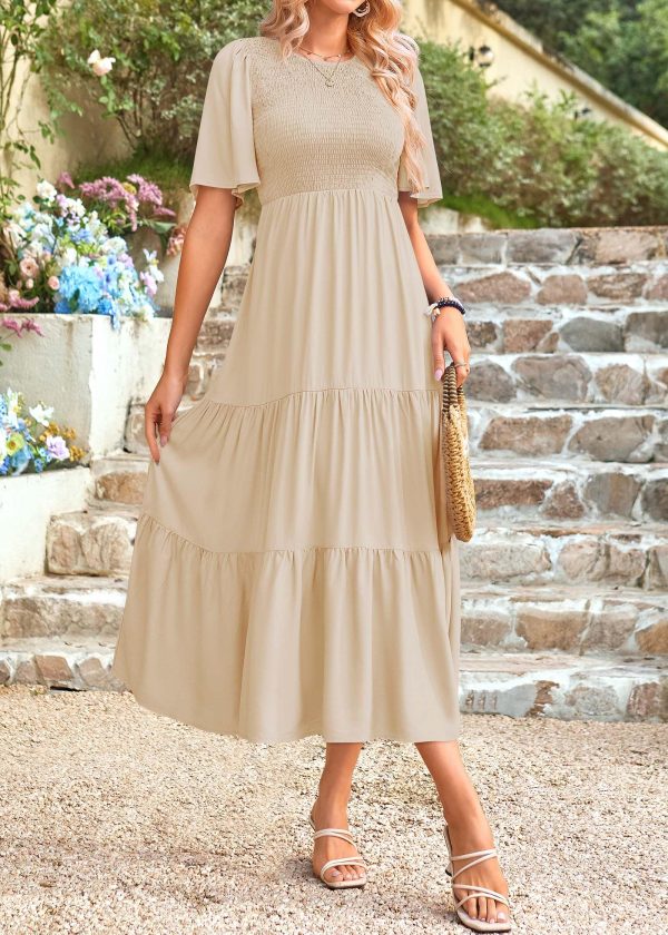 91Ldc1yWRHL.jpg Womens Fashion 2025 Spring Summer Casual Flutter Short Sleeve Midi Dress Smocked Tiered Aline Going Out Dresses