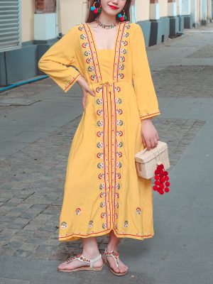 Summer Scoop Neckline Long Sleeves Bow Blet Vacation Travel Hooded Maxi Dress