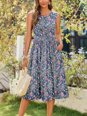 Women's Summer Tank Midi Dress with Pockets Sleeveless A-Line Dress Casual Floral T-Shirt Dress Flowy Beach Sundress