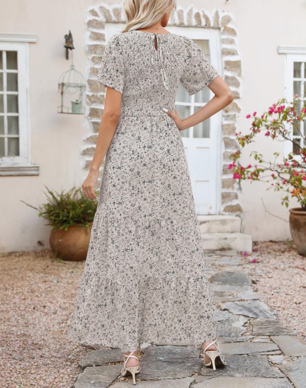 91c9wGc3ejL.jpg Women Summer Dress Round Neck Flutter Short Sleeve Smocked Ruffle Tiered Floral Maxi Dress 2024