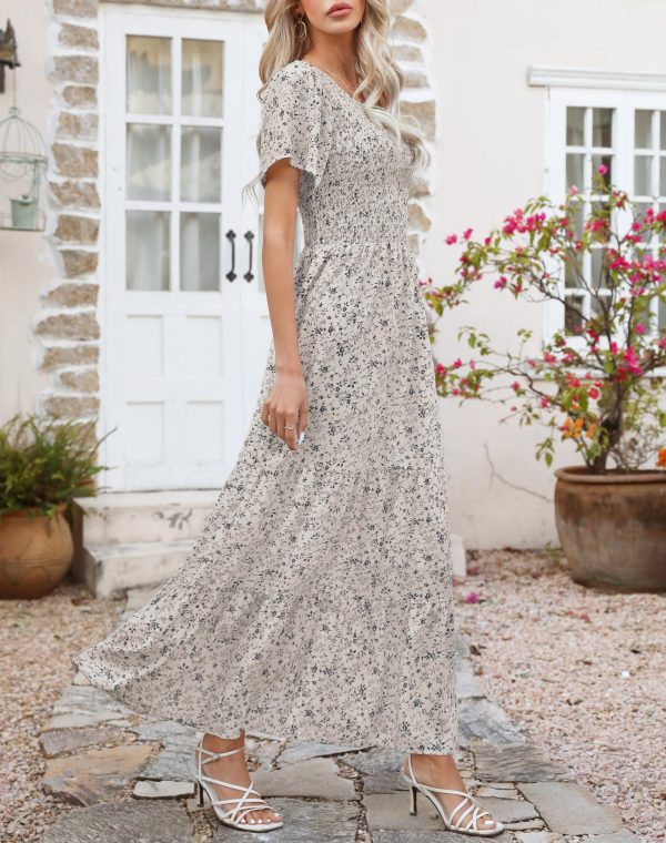 91lNGRTnNpL.jpg Women Summer Dress Round Neck Flutter Short Sleeve Smocked Ruffle Tiered Floral Maxi Dress 2024