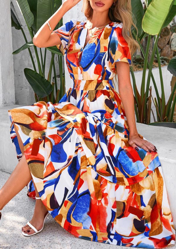 91rDCHeQ5ZL.jpg Women's 2025 Summer Boho Maxi Dresses Floral Short Sleeve V Neck A Line Tiered Flowy Long Beach Vacation Dress
