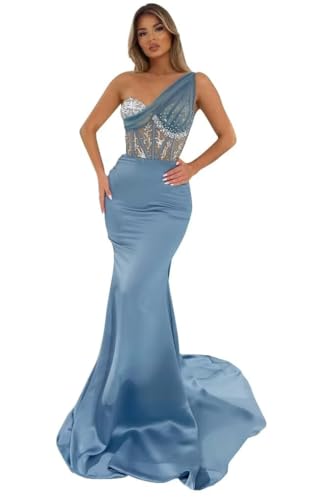 31-9BC9zzEL.jpg Sequin Beaded Mermaid Prom Dresses Long Sexy One Shoulder Satin Tulle Formal Evening Party Gowns with Train 2024
