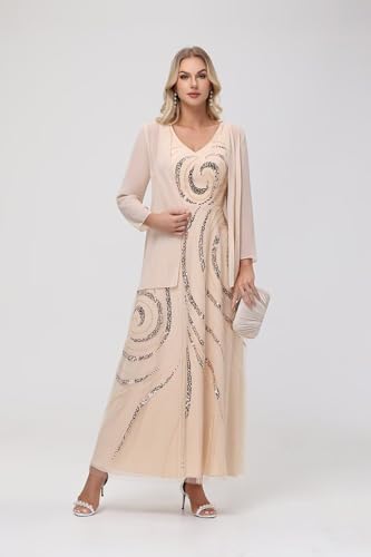 Chiffon Long Mother of The Bride Dress 2025 Sequin Wedding Guest Dress with Jacket CY134
