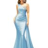 One Shoulder Mermaid Bridesmaid Dresses for Wedding Long Satin Prom Dresses Beaded Lace Appliques Formal Evening Party Gowns