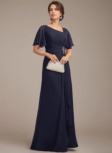 313DjaYCTmL.jpg Asymmetrical Neck Beading Mother of The Bride Dresses Long Ruffle Chiffon Formal Evening Gowns with Pockets 2025