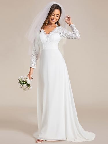 313xPX3rfL.jpg Women's Classic Lace V-Neck Long Sleeves Sweep Train Wedding Dress 01925-PH