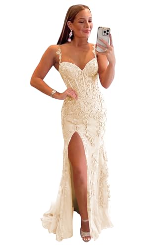 3154ZV-0SHL.jpg Women's Lace Mermaid Prom Dresses Long with Slit Mermaid Spaghetti Straps Backless Formal Evening Gowns YZTS099