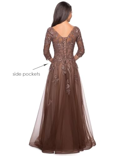 Women's Floral Lace Appliques 3/4 Sleeve Mother of The Bride Dresses Long V Neck Formal Dresses with Pockets YZTS028