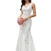 Women's Formal Dress Sequin Tulle Double V-Neck Sleeveless Mermaid Long Evening Dress 07886