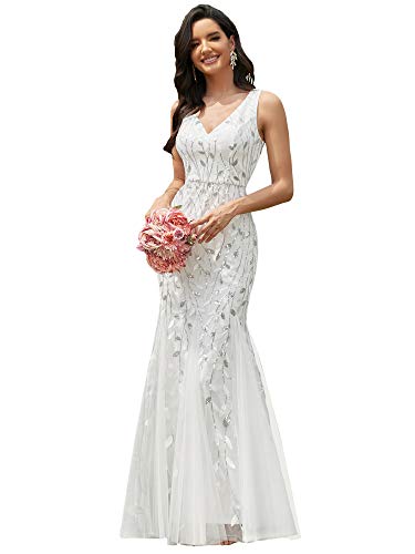 Women's Formal Dress Sequin Tulle Double V-Neck Sleeveless Mermaid Long Evening Dress 07886