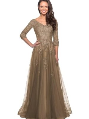 Women's Floral Lace Appliques 3/4 Sleeve Mother of The Bride Dresses Long V Neck Formal Dresses with Pockets YZTS028