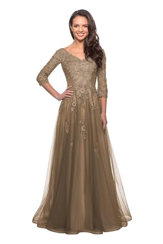 Women's Floral Lace Appliques 3/4 Sleeve Mother of The Bride Dresses Long V Neck Formal Dresses with Pockets YZTS028