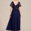 Women's Formal Dress V-Neck Sequin Applique Ruffles Sleeves Backless A-Line Evening Dresses 01583