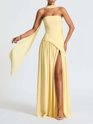 31CkL10N6NL.jpg Strapless Bridesmaid Dress with Scarf Chiffon Long Prom Dresses Evening Dress