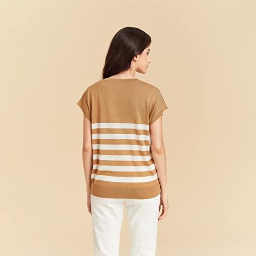 Women's Silk Cashmere Classics V-Neck Striped T-Shirt Loose Casual Summer Tee