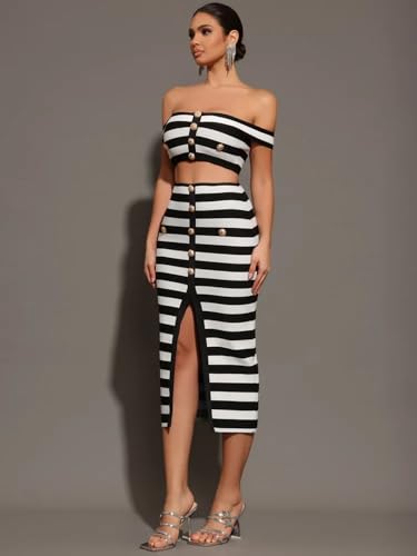 Women Stripe Off Shoulder Crop Top and High Waist Skirt Two Piece Sets Celebrity Evening Club Party Outfits