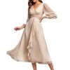 Women's Elegant A Line Ruched V Neck Long Sleeves Tea-Length Wedding Guest Dresses 01977