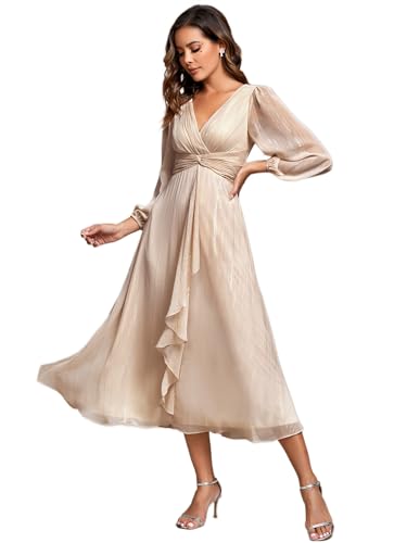 Women's Elegant A Line Ruched V Neck Long Sleeves Tea-Length Wedding Guest Dresses 01977