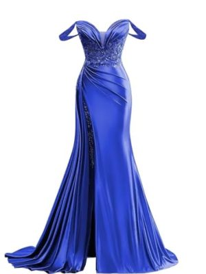 31FSO3df4nL.jpg Off Shoulder Satin Prom Dresses Long 2025 Beaded Formal Dresses Pleated Evening Party Gown with Slit Tail