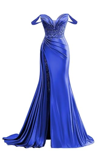 31FSO3df4nL.jpg Off Shoulder Satin Prom Dresses Long 2025 Beaded Formal Dresses Pleated Evening Party Gown with Slit Tail