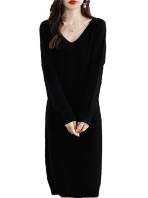 Women 100% Cashmere Wool Dress Sweater Long High-Grade Knitted V-Neck Pullover Solid Wool Dress