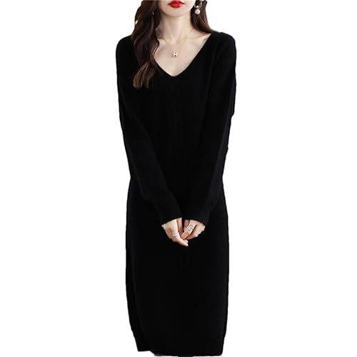 Women 100% Cashmere Wool Dress Sweater Long High-Grade Knitted V-Neck Pullover Solid Wool Dress