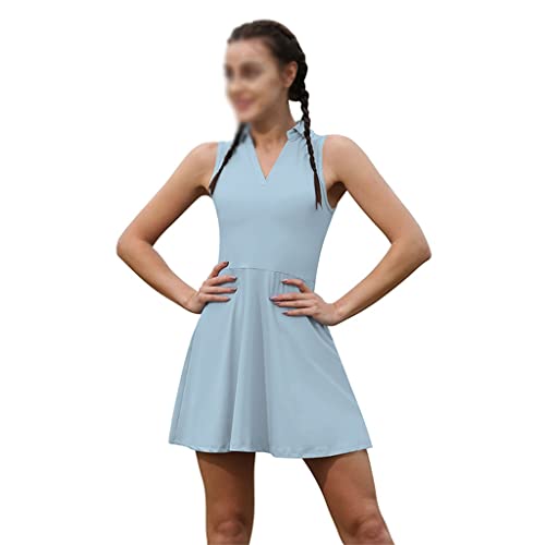 2pcs Tennis Dress Suit Solid Sleeveless Turn-Down Collar Badmintan Golf Tennis Dresses