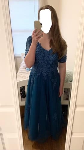 Women's Floral Lace Appliques 3/4 Sleeve Mother of The Bride Dresses Long V Neck Formal Dresses with Pockets YZTS028