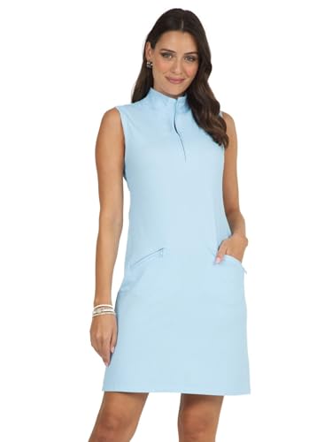 31IHTmeH7qL.jpg Sun Protective UPF 50+ Icefil Cooling Mini Check Sleeveless Mock Neck Dress w Pockets - 58754 Blue/White Mini Check M