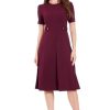 Women's Short Sleeve Crepe Fit and Flare Midi with Waist Button Detail