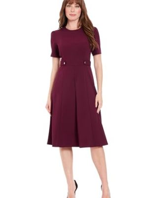 Women's Short Sleeve Crepe Fit and Flare Midi with Waist Button Detail