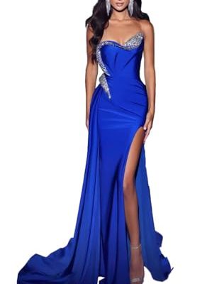 Strapless Beaded Mermaid Prom Dresses 2024 Long Satin Sweetheart Formal Evening Party Bridesmaid Gowns for Wedding with Slit