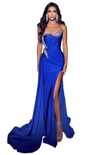 31K72UoWI9L.jpg Strapless Beaded Mermaid Prom Dresses 2024 Long Satin Sweetheart Formal Evening Party Bridesmaid Gowns for Wedding with Slit