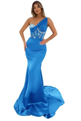 31KZBpQs6iL.jpg Sequin Beaded Mermaid Prom Dresses Long Sexy One Shoulder Satin Tulle Formal Evening Party Gowns with Train 2024