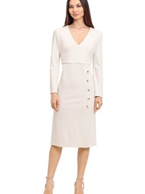 31NFtiV1bcL.jpg Women's V-Neck Midi with Side Skirt Buttons Detail