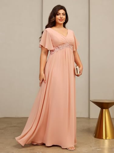 31NN8f7ncTL.jpg Short Sleeves Plus Size Mother of The Bride Dresses for Curvy Women V Neck Formal Dresses with Pockets YZTS224