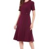 Women's Short Sleeve Crepe Fit and Flare Midi with Waist Button Detail
