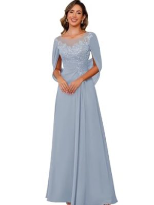 Lace Long Mother Dress for Women with Pleated Sequin Cape Scoop Illusion Chiffon Formal Dresses RA035