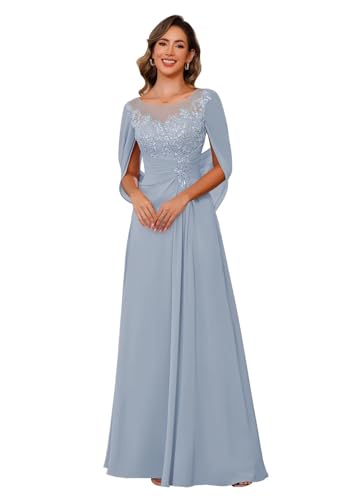 Lace Long Mother Dress for Women with Pleated Sequin Cape Scoop Illusion Chiffon Formal Dresses RA035