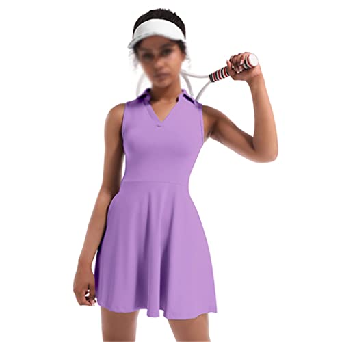 2pcs Tennis Dress Suit Solid Sleeveless Turn-Down Collar Badmintan Golf Tennis Dresses