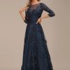 Lace Appliques Mother of The Bride Dresses Long with 3/4 Sleeve Beaded Scoop Neck Formal Gowns
