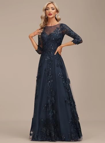 31Qxs-lfPPL.jpg Lace Appliques Mother of The Bride Dresses Long with 3/4 Sleeve Beaded Scoop Neck Formal Gowns