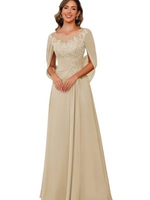 Lace Appliques Mother of The Bride Dress for Women Long Chiffon Cape Sleeve Lace Mother Groom Dresses RO209